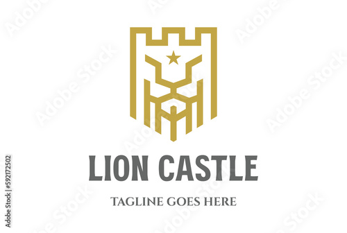 Heraldic Geometric Golden Leo Lion King Castle Shield Monogram Logo Design