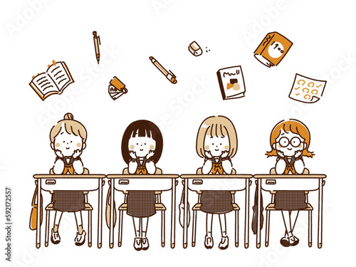 学校の机に座るセーラー服の女の子のイラスト　文房具のイラスト