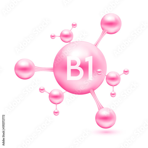 Vitamin B1 in the form of atoms molecules pink glossy. Icon 3D isolated on white background. Minerals vitamins complex. Medical and science concept. Vector EPS10 illustration.