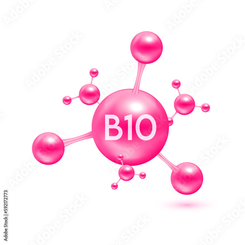 Vitamin B10 in the form of atoms molecules pink glossy. Icon 3D isolated on white background. Minerals vitamins complex. Medical and science concept. Vector EPS10 illustration.