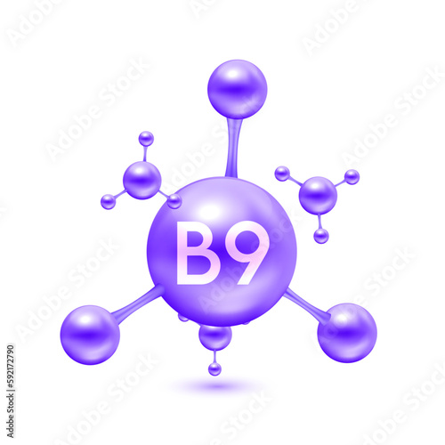 Vitamin B9 in the form of atoms molecules purple glossy. Icon 3D isolated on white background. Minerals vitamins complex. Medical and science concept. Vector EPS10 illustration.