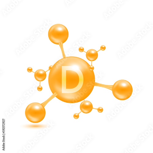 Vitamin D in the form of atoms molecules orange glossy. Icon 3D isolated on white background. Minerals vitamins complex. Medical and science concept. Vector EPS10 illustration.