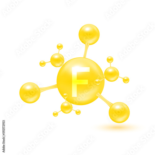 Vitamin F in the form of atoms molecules yellow glossy. Icon 3D isolated on white background. Minerals vitamins complex. Medical and science concept. Vector EPS10 illustration.