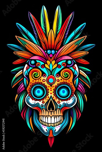 Bunter Schädel.Dekoriert mit bunten Federn und Blumen. Hintergrund schwarz. Der Print ist Perfekt für Druck für Shirt,Sweater,Poster und vieles mehr.