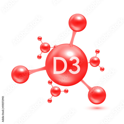 Vitamin D3 in the form of atoms molecules red glossy. Icon 3D isolated on white background. Minerals vitamins complex. Medical and science concept. Vector EPS10 illustration.