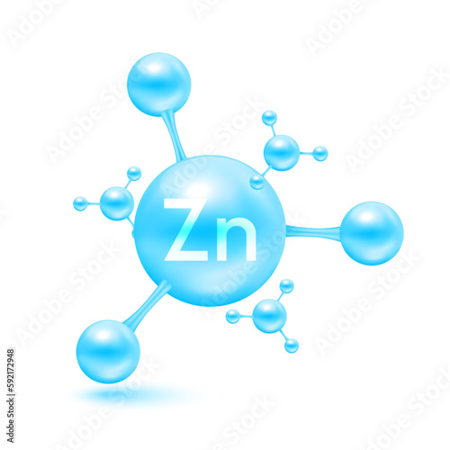 Zinc mineral in the form of atoms molecules blue glossy. Zinc icon 3D isolated on white background. Minerals vitamin complex. Medical and science concept. Vector EPS10 illustration.