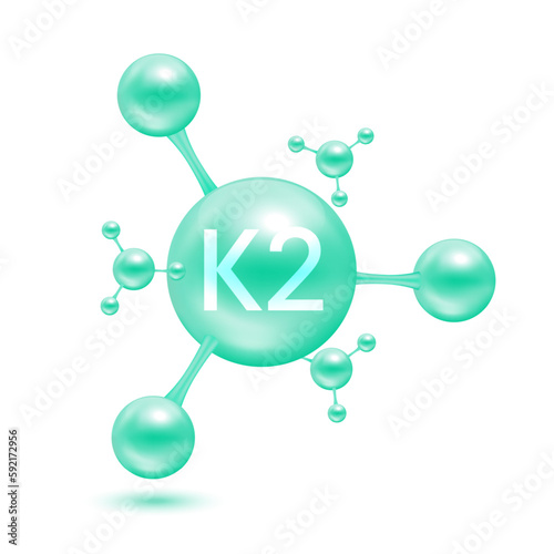 Vitamin K2 in the form of atoms molecules green glossy. Icon 3D isolated on white background. Minerals vitamins complex. Medical and science concept. Vector EPS10 illustration.