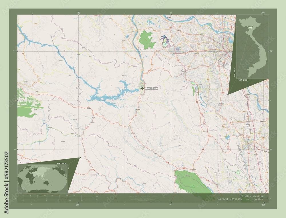 Fototapeta premium Hoa Binh, Vietnam. OSM. Labelled points of cities