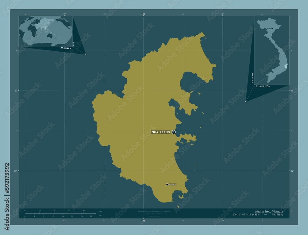 Khanh Hoa, Vietnam. Solid. Labelled points of cities Khanh Hoa, Vietnam. Solid. Labelled points of cities