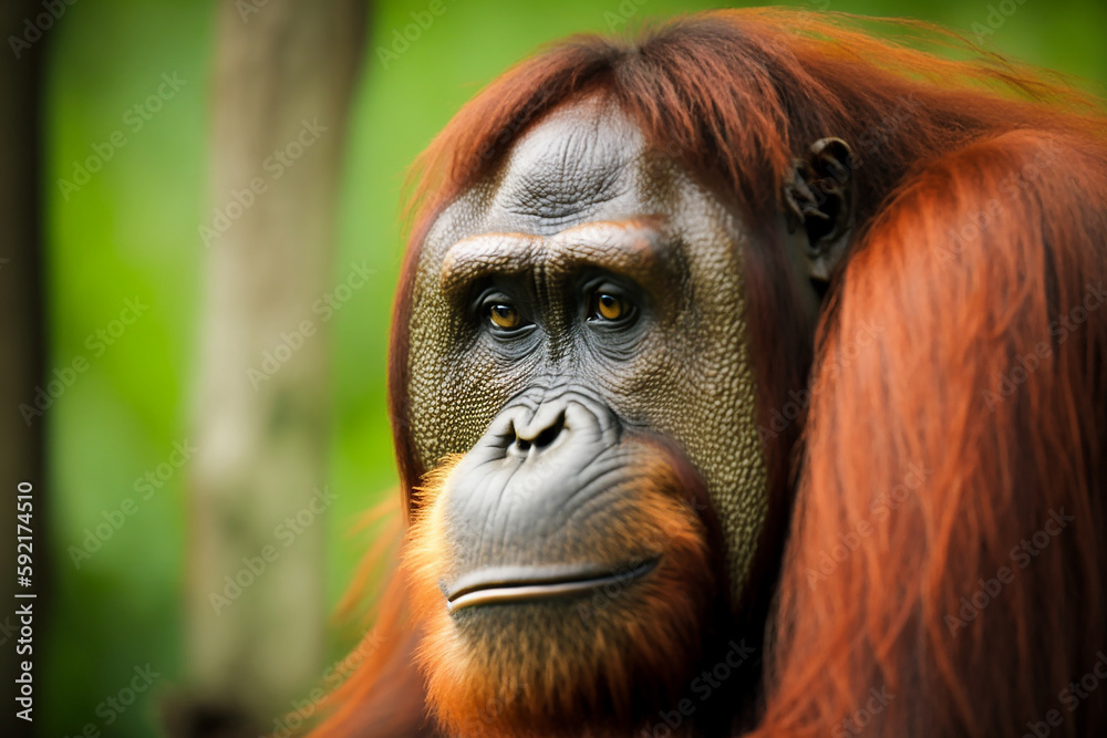 Generative AI image of the Orangutan, one of animal that has been listed under the endangered species. Generative AI image of the Orangutan, one of animal that has been listed under the endangered species.
