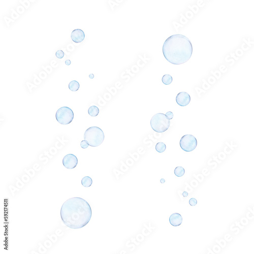 Watercolor drawn set of a stream of bubbles rising up on white background. Transparent realistic picture for illustration, stickers, logo, textile printing, pattern, rapport