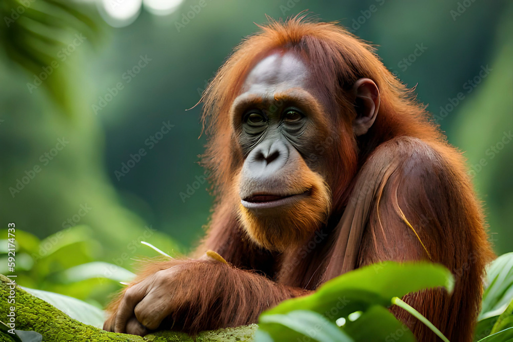 Generative AI image of the Orangutan, one of animal that has been listed under the endangered species. Generative AI image of the Orangutan, one of animal that has been listed under the endangered species.