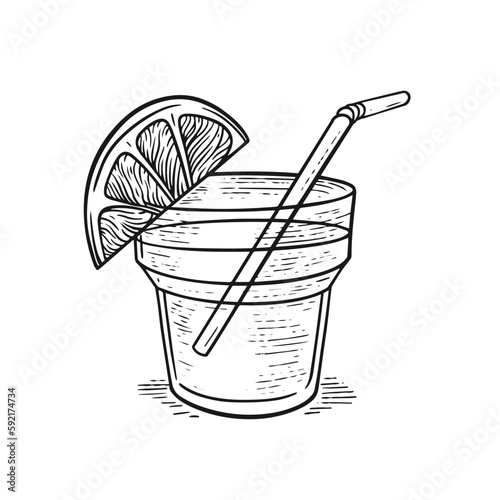 Drink glass or cocktail with lemon slice and tube hand drawn outline style vector.
