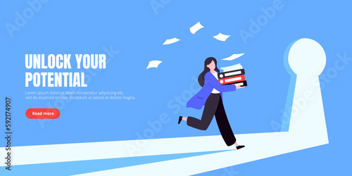 Unlock your opportunity concept with keyhole and ambitious woman running to career potential and work financial success flat style vector illustration. New way business beginnings and unlock future.