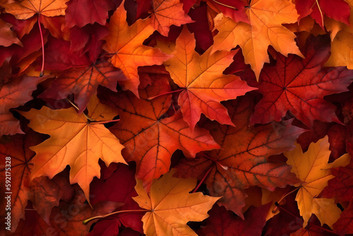 Red maple fall leaves, nature pattern. Autumn background, flat design. Orange leaf. Top view. Bright october texture. Image is AI generated.