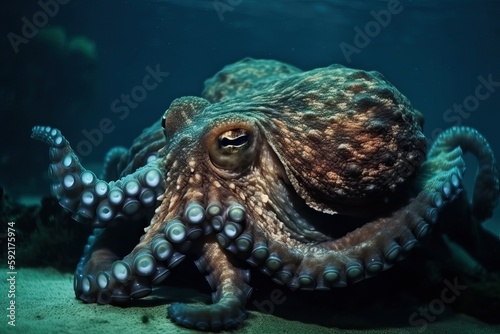 A large octopus at the bottom of the sea between coral reefs, generative AI. © Niko_Dali