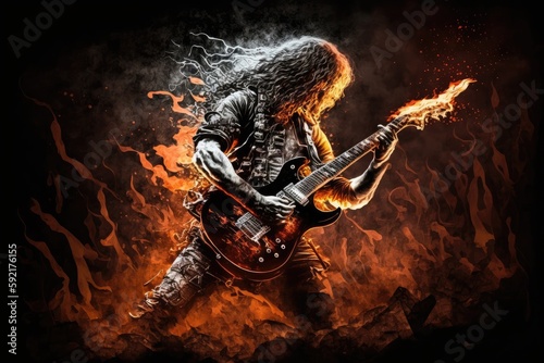 heavy metal guitarist, playing fast and furious solo, with smoke and flames in the background, created with generative ai