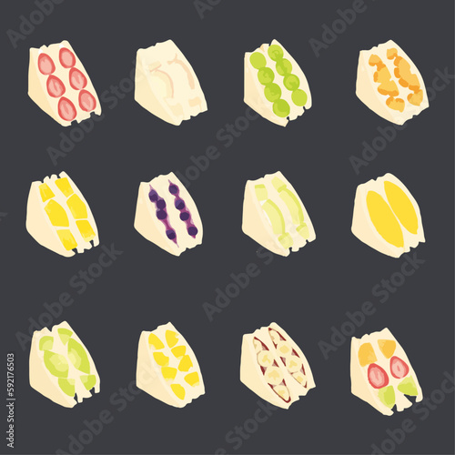 Japanese style fruit sandwich, delicious homemade summer breakfast. Hand drawn watercolor vector illustration