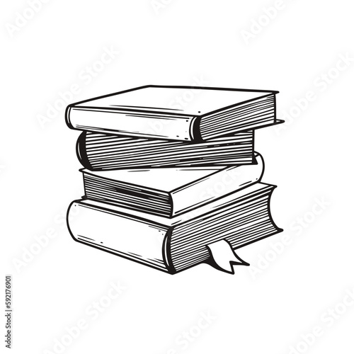 Stack of books hand drawn black color outline style sketch.