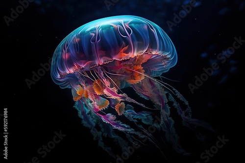 A colorful jellyfish glows at the bottom of the sea, generative AI.