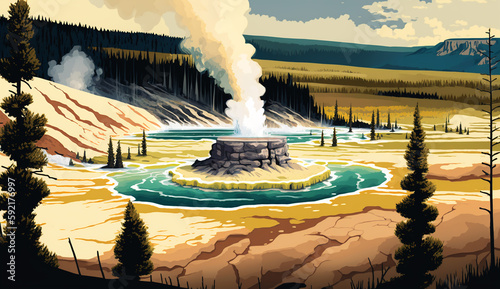 Yellowstone Geysers - An illustration. Generative AI photo