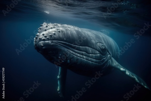 A large humpback whale swims alone in the ocean waters  generative AI.