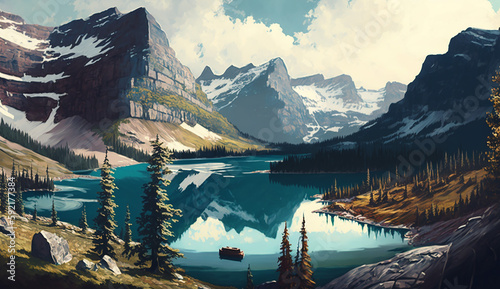 Glacier National Park Landscape - An illustration feature. Generative AI photo