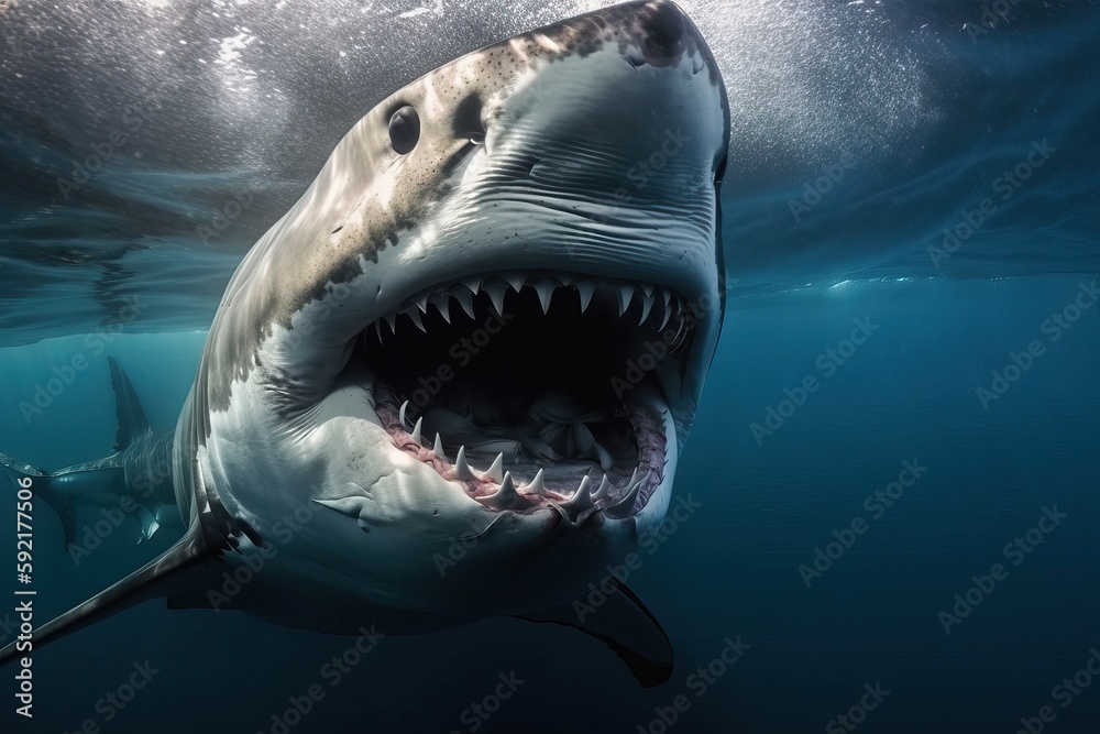 A shark with an open mouth swims underwater, generative AI. Stock