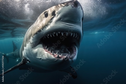 A shark with an open mouth swims underwater  generative AI.