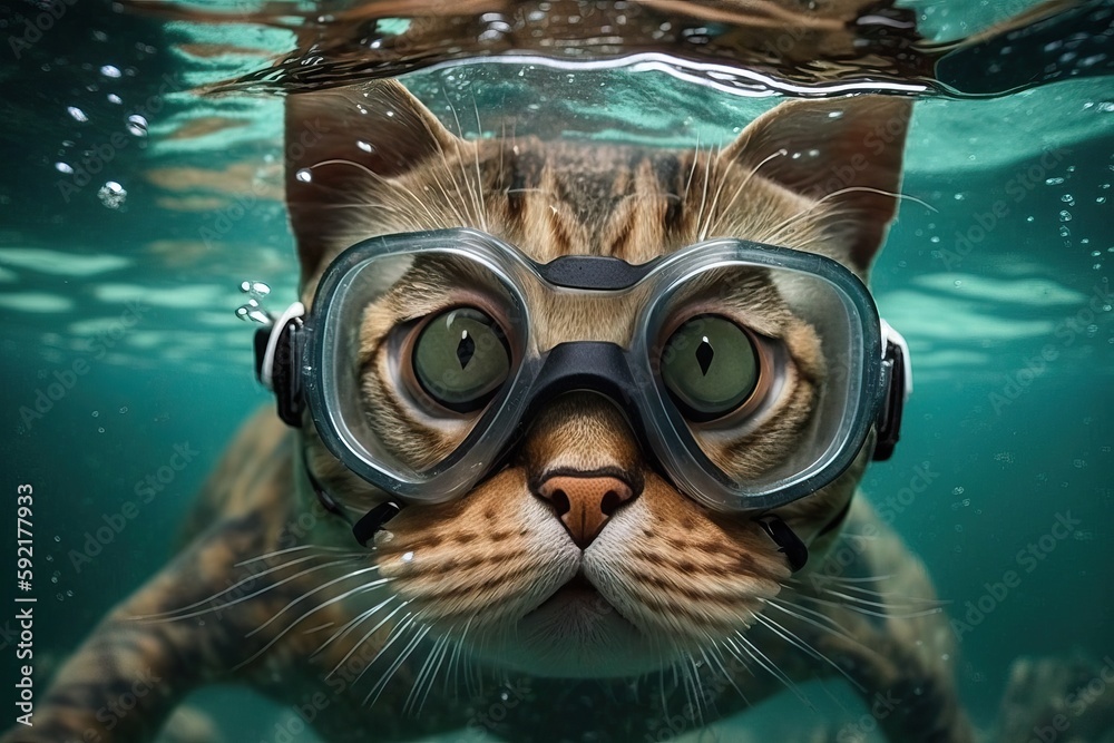 A cat swims underwater in a diving mask, generative AI.