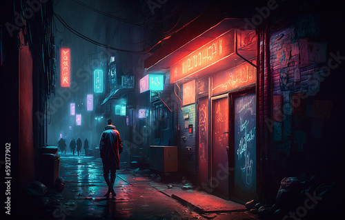 Cyberpunk Alley. Generative AI. A digital painting of a grungy alley in a future city in the run down part of town.