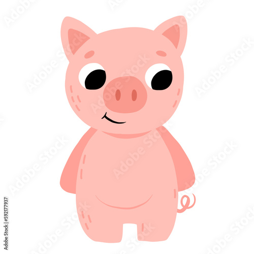 Cute cartoon baby pig smiling. Isolated vector illustration for childrens book.