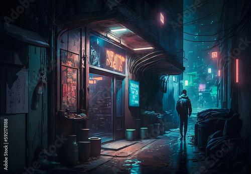 Cyberpunk Alley. Generative AI. A digital painting of a grungy alley in a future city in the run down part of town. © lutjo1953