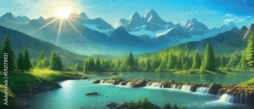 picture of a mountain lake with a mountain range in the background and a lake in the foreground with a mountain range in the background. vector illustration