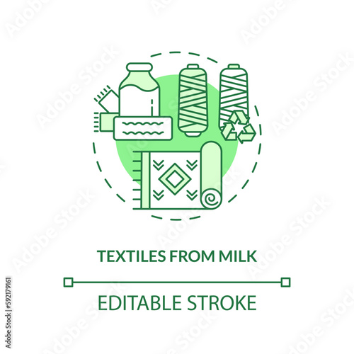 Textiles from milk green concept icon. Casein protein. Sustainable fashion. Eco friendly fiber idea thin line illustration. Isolated outline drawing. Editable stroke. Arial, Myriad Pro-Bold fonts used