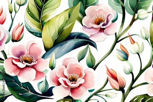 Akwarelowa, malowana tapeta w kwiatowy deseń, liście, białe i różowe kwiaty, florystyczny wzór, tapeta, tło, obraz