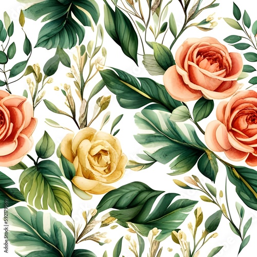 Akwarelowa, malowana tapeta w kwiatowy deseń, liście, kwiaty, florystyczny wzór, tapeta, tło, obraz
