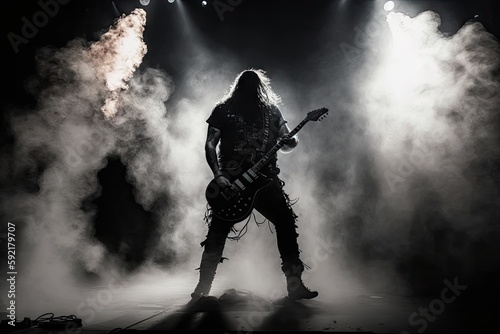 heavy metal guitarist, performing solo on stage, with smoke and lights creating dramatic atmosphere, created with generative ai