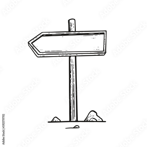Wooden signboard arrow navigation hand drawn monochrome outline sketch.