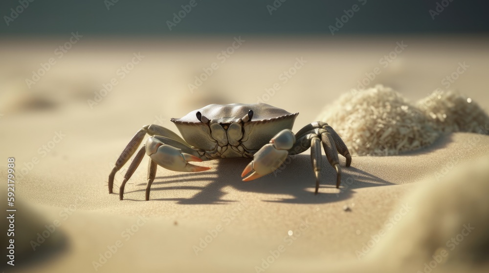 Small sea crab in its natural habitat walking on the sand beach in summer. Generative AI. Small sea crab in its natural habitat walking on the sand beach in summer. Generative AI.
