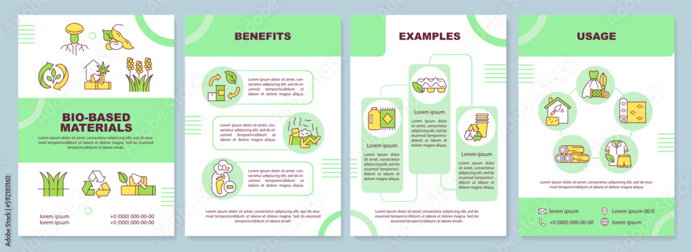 Bio based materials green brochure template. Biobased products. Leaflet design with linear icons. Editable 4 vector layouts for presentation, annual reports. Arial-Black, Myriad Pro-Regular fonts used Bio based materials green brochure template. Biobased products. Leaflet design with linear icons. Editable 4 vector layouts for presentation, annual reports. Arial-Black, Myriad Pro-Regular fonts used