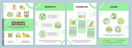 Bio based materials green brochure template. Biobased products. Leaflet design with linear icons. Editable 4 vector layouts for presentation, annual reports. Arial-Black, Myriad Pro-Regular fonts used