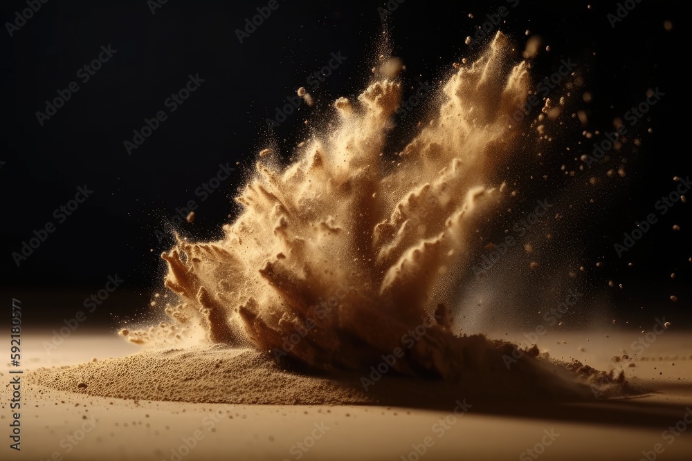 sand explosion in slow motion, with individual grains flying through the air, created with generative ai - obrazy, fototapety, plakaty 