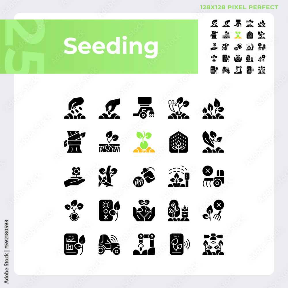 Seeding black glyph icons set on white space. Agricultural industry. Gardening business. Growing plants. Field sowing. Silhouette symbols. Solid pictogram pack. Vector isolated illustration