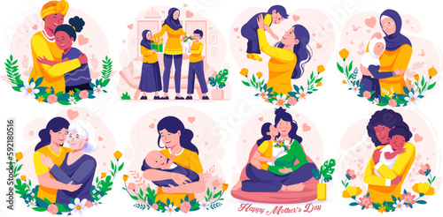 Illustration Set of Mother s Day.  Mother  Daughter  and Son. Mother Holding Baby In Arms. Mother hugging her daughter. Vector illustration