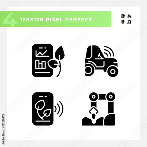 Agricultural technologies black glyph icons set on white space. Modern farming. Farm equipment. Agritech startup. Silhouette symbols. Solid pictogram pack. Vector isolated illustration