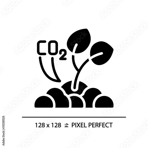 Sequestering carbon black glyph icon. CO2 storage. Organic farming. Regenerative agriculture. Global warming. Silhouette symbol on white space. Solid pictogram. Vector isolated illustration
