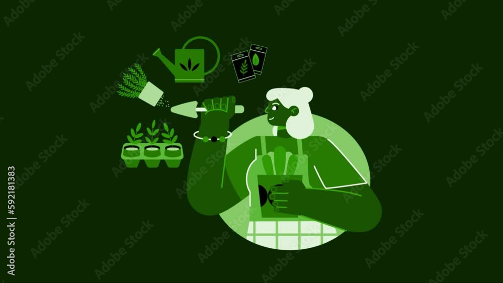 Abstract Girl Gardening 2D Flat Animation. Modern Horticulture Background with Potted Plants, Watering Can and Seeds. Gardener Concept. 4K Abstract Girl Gardening 2D Flat Animation. Modern Horticulture Background with Potted Plants, Watering Can and Seeds. Gardener Concept. 4K