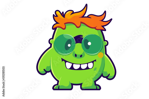 Cute nerdy green cartoon monster wearing glasses, vector illustration