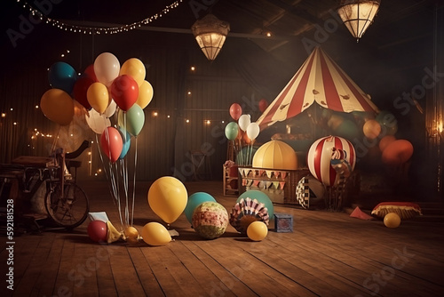 Slika na platnu Vintage Circus as photography backdrop balloons and circus items, circus party